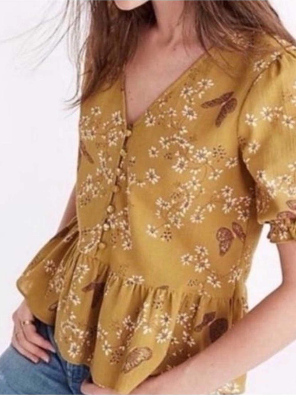 Madewell Courtyard Ruffle-Hem Floral & Butterfly Peplum Blouse S EUC